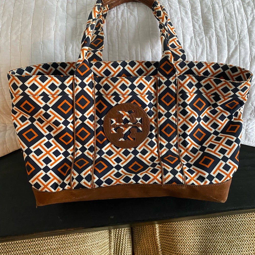 Tory Burch Printed Canvas and Leather Beach Tote, Excellent Condition